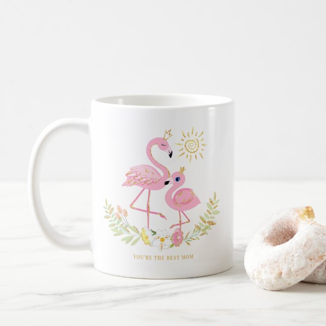 Niedliche Mutter und Tochter Flamingo Glitzer Flor Kaffeetasse (Mit Donut)