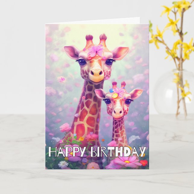 Niedliche Mutter und Tochter Giraffe | Happy Birth Karte (Gelbe Blume)