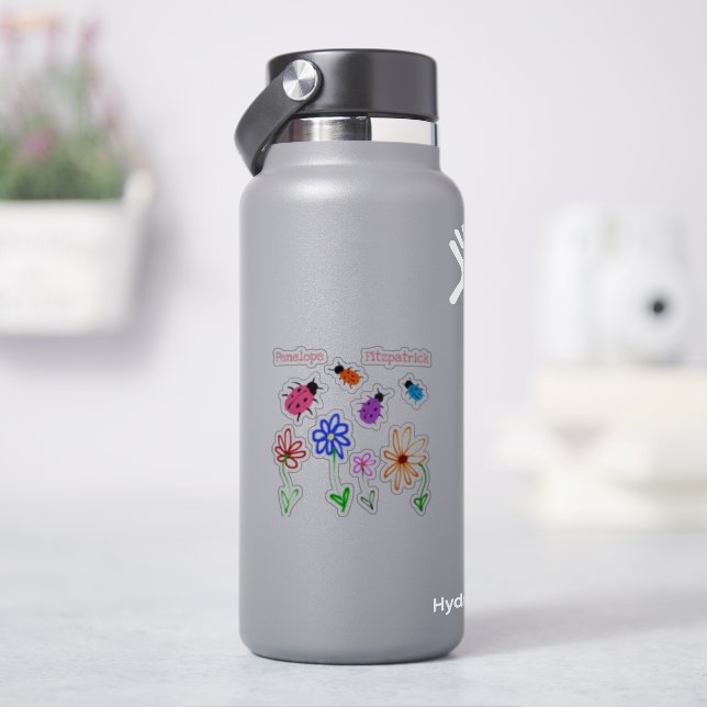Niedliche Naivgarten-Blume und Ladybugs mit Namen Aufkleber (HydroFlask)