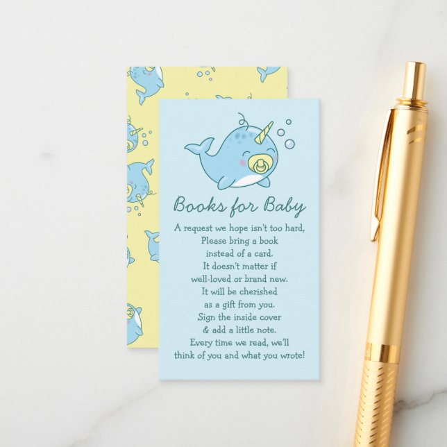 Niedliche Narwhal Baby Shower Kawaii Bücher für Ba Begleitkarte (Vorderseite/Rückseite Beispiel)