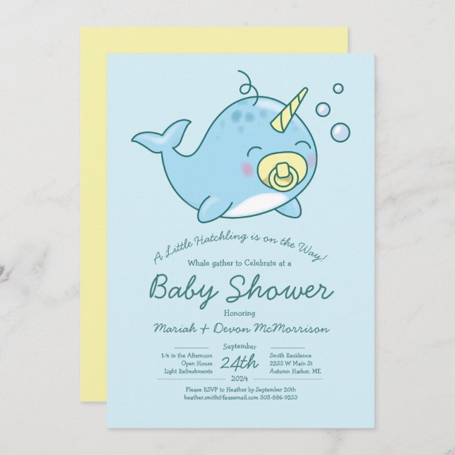 Niedliche Narwhal Baby Shower Kawaii Einladung (Vorne/Hinten)