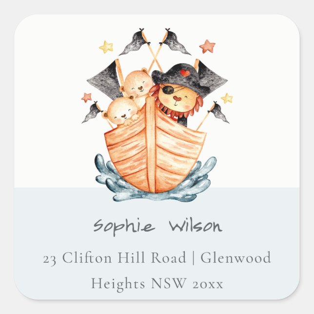 Niedliche Nautical Pirate Ship Lion Cub Kids Adres Quadratischer Aufkleber (Vorderseite)