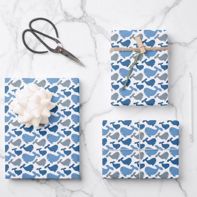 Niedliche Navy-Blue-Grauwal-Kinder Geschenkpapier Set (Vorderseite)