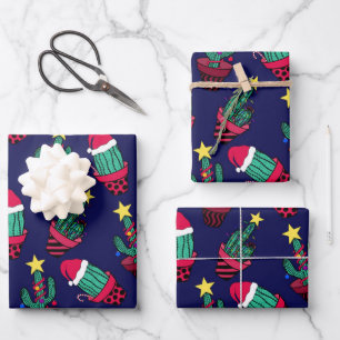 Niedliche Navy dekorierte Kakteen Tree Weihnachtsl Geschenkpapier Set