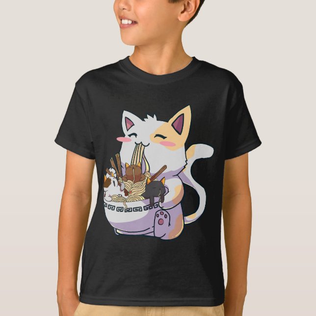 Niedliche Neko Katze mit Ramen Noodles Bowl Anime  T-Shirt (Vorderseite)