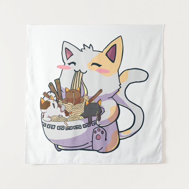 Niedliche Neko Katze mit Ramen Noodles Bowl Anime  Wandteppich (Vorderseite)