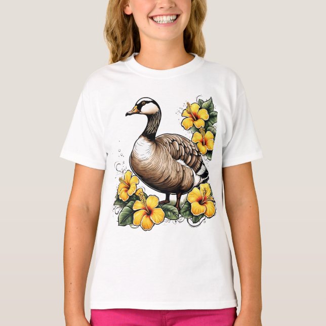 Niedliche Nene Hawaiian Gans mit gelbem Hibiskus T-Shirt (Vorderseite)