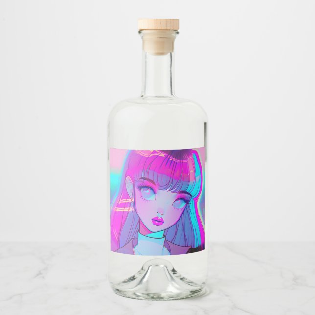 Niedliche Neon Anime Girl Liquor Flasche Alkoholflaschenetikett (Vorderseite)