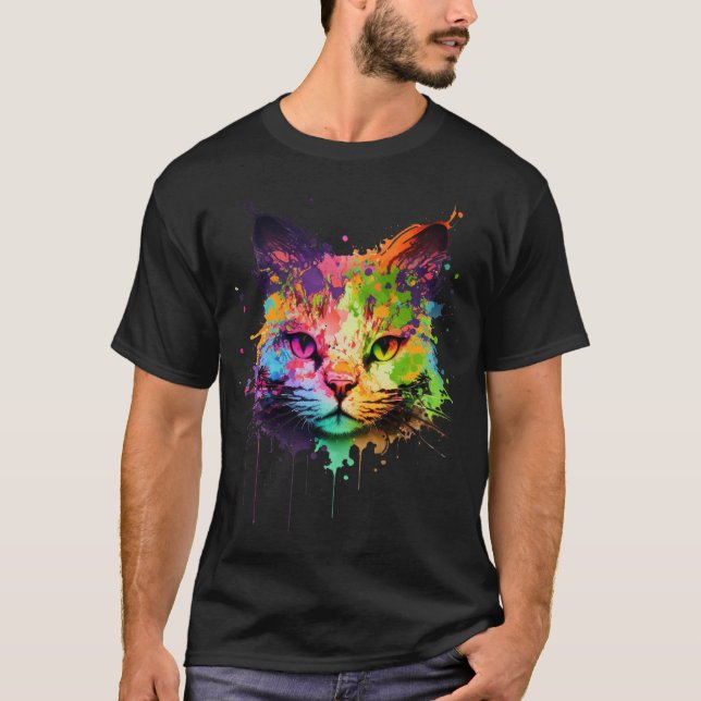Niedliche Neon Graffiti Ink Splash Katze T-Shirt (Vorderseite)
