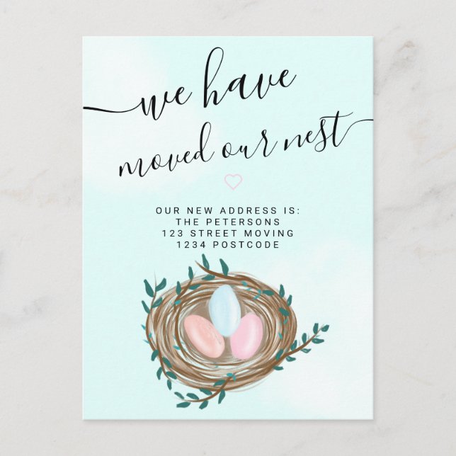 Niedliche Nest-Aquarelleier neue Zuhause-Blauer Ankündigungspostkarte (Vorderseite)