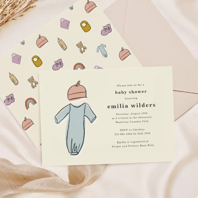 Niedliche neugeborene Kleidung Geschlechtsneutrale Einladung (Cute Newborn Clothes Gender Neutral Baby Shower Invitation)
