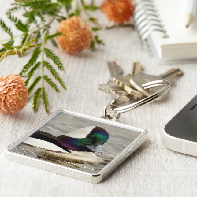 Niedliche, neugierige Bufflehead-Ente am See Schlüsselanhänger (Seite)