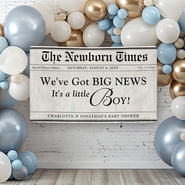 Niedliche Newborn Times Newspaper Baby Boy Girl Du Banner (Cute Trendy Baby Boy The Newborn Times newspaper theme baby shower banner decor sign decoration)