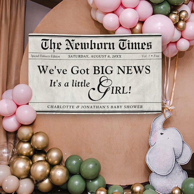 Niedliche Newborn Times Newspaper Baby Girl Boy Du Banner (Cute Trendy Baby Girl The Newborn Times newspaper theme baby shower banner decor sign decoration)