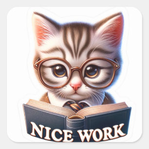 Niedliche "Nice work" Kitten Multi Subject Aufkleb Quadratischer Aufkleber