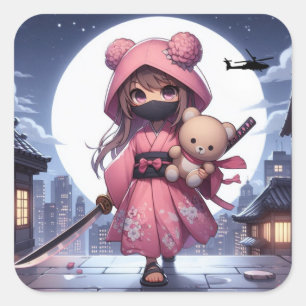 Niedliche Ninja-Kriegerin Quadratischer Aufkleber