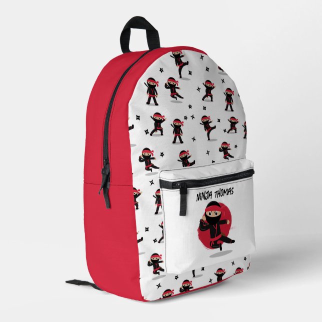 Niedliche Ninja Warrior Black & Red Kids School Bedruckter Rucksack (Rückseitige Ecke links)