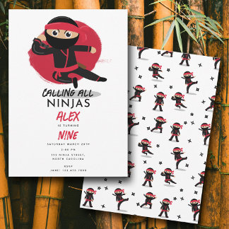 Niedliche Ninja Warrior Kids Black & Red Geburtsta Einladung