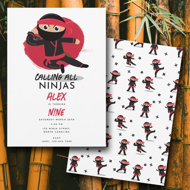 Niedliche Ninja Warrior Kids Black & Red Geburtsta Einladung (Cute Ninja Warrior Kids Black & Red Birthday Party Invitation)