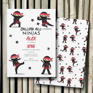 Niedliche Ninja Warrior Kids Black & Red Geburtsta Einladung