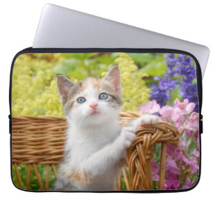 Niedliche Nosy Baby Cat Kitten in einem blühenden Laptopschutzhülle