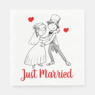Niedliche nur verheiratete Cartoon Braut Groom Red Serviette