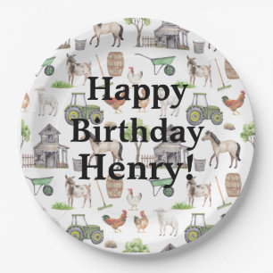 Niedliche Nutztiere Traktoren Name Happy Birthday  Pappteller