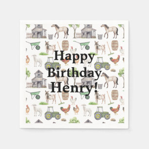 Niedliche Nutztiere Traktoren Name Happy Birthday Serviette