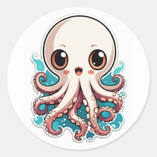 Niedliche Octopus Anime Cartoon Illustration Runder Aufkleber (Vorderseite)