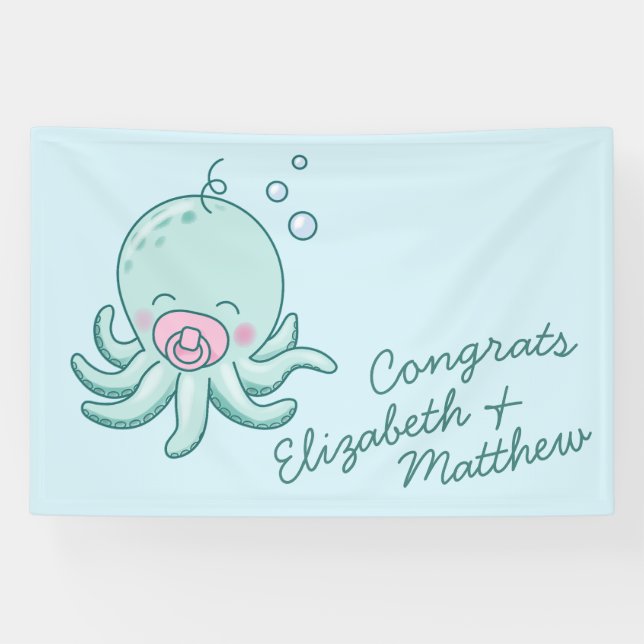 Niedliche Octopus Baby Dusche Kawaii Pink Girl Banner (Horizontal)