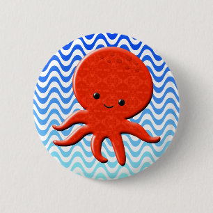 Niedliche Octopus Cartoon Blue Waves Button