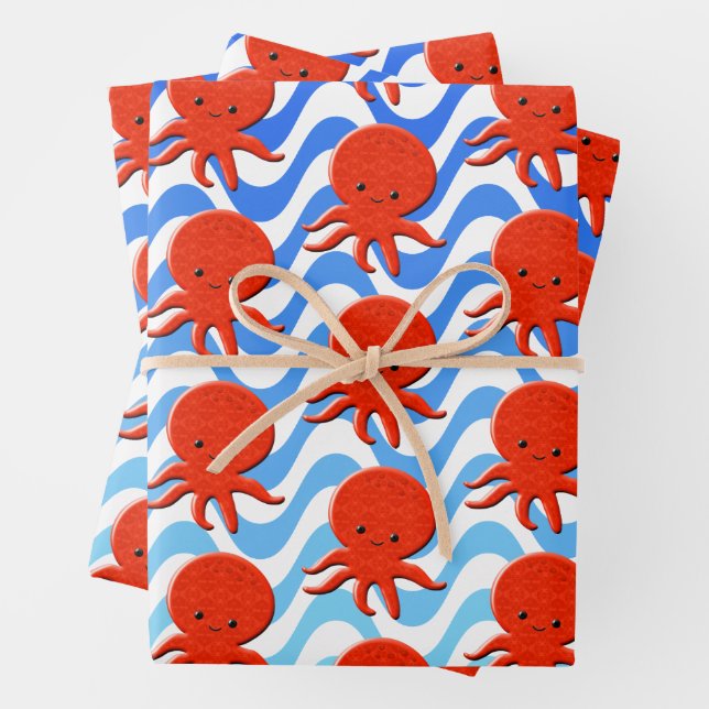 Niedliche Octopus Cartoon Blue Waves Geschenkpapier Set (Beispiel)