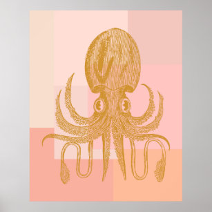 Niedliche Octopus-Illustration in Rosa und Gold Poster
