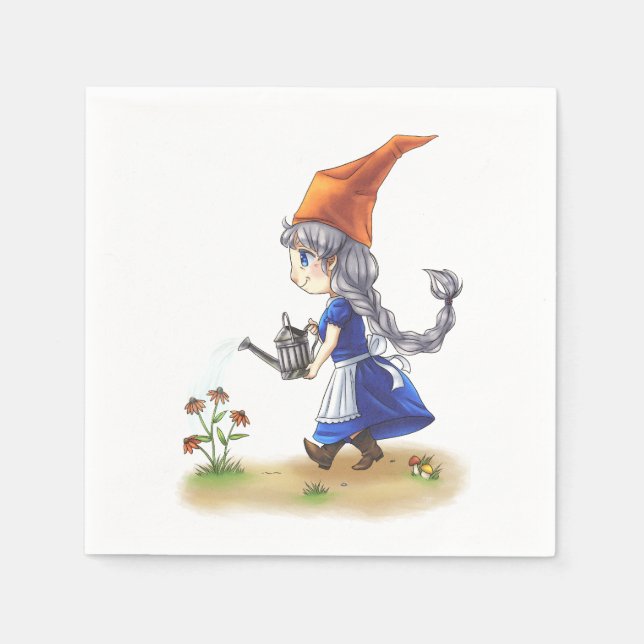 Niedliche Old Lady Gnome Watering Blume Serviette (Vorderseite)