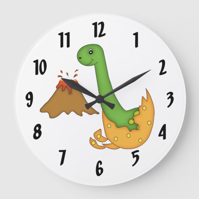Niedliche Orange Dinosaurier und Vulkan/große Zahl Große Wanduhr (Vorderseite)