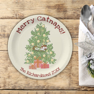 Niedliche Orange Katze auf Weihnachtsbaum Merry Ca Pappteller