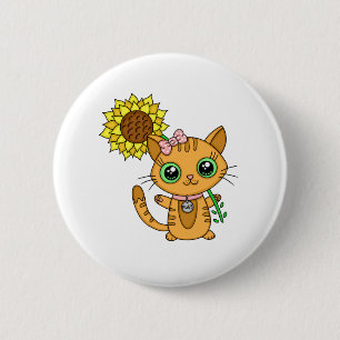 Niedliche Orange Kawaii Katze mit Sonnenblumen Button