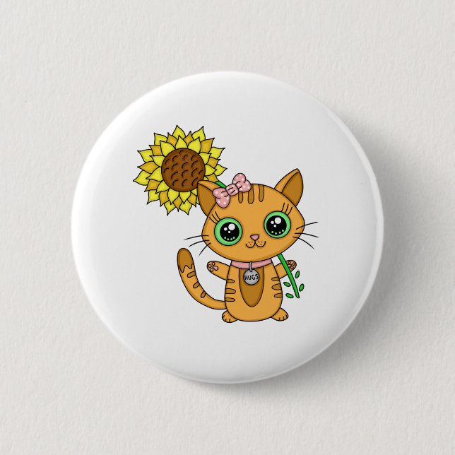 Niedliche Orange Kawaii Katze mit Sonnenblumen Button (Vorderseite)