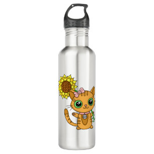Niedliche Orange Kawaii Katze mit Sonnenblumen Edelstahlflasche