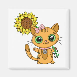 Niedliche Orange Kawaii Katze mit Sonnenblumen Magnet