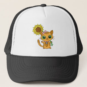 Niedliche Orange Kawaii Katze mit Sonnenblumen Truckerkappe