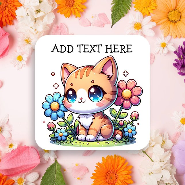 Niedliche Orange Kitty Cat bei Blume Personalisier Quadratischer Aufkleber (Von Creator hochgeladen)