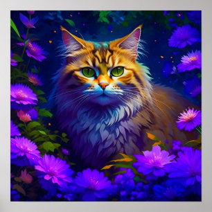 Niedliche Orange Kitty Cat bei Blume Poster