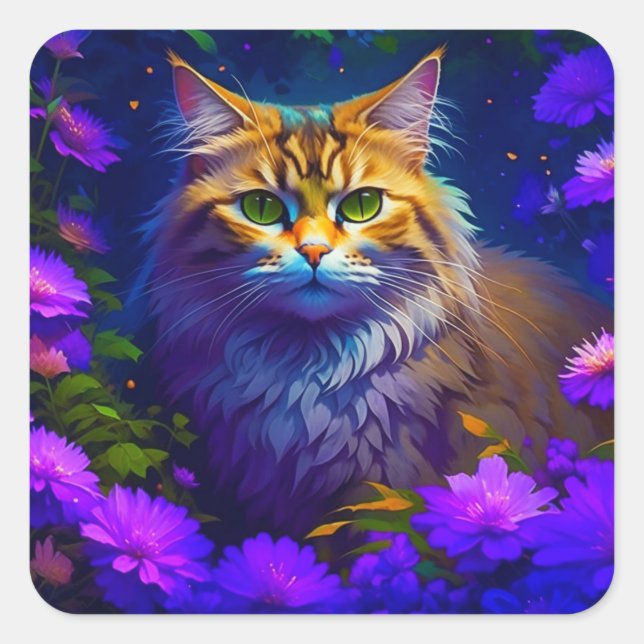 Niedliche Orange Kitty Cat bei Blume Quadratischer Aufkleber (Vorderseite)