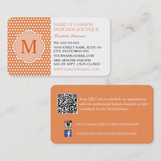 Niedliche Orange Polka Dosen mit Girly Monogram Mo Visitenkarte (Vorne/Hinten)
