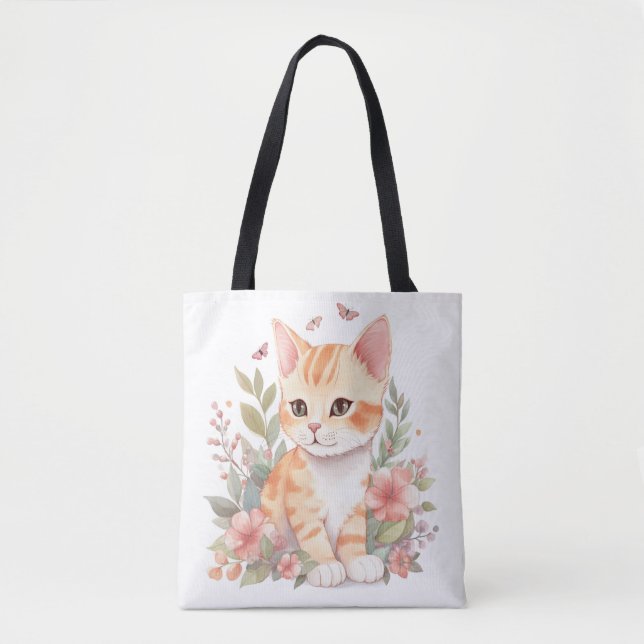 Niedliche Orange Tabby Kitten mit Blume Wasserfarb (Vorderseite)