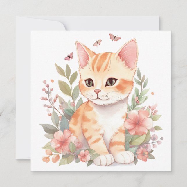 Niedliche Orange Tabby Kitten mit Blume Wasserfarb (Vorderseite)