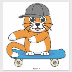 Niedliche orangefarbene Katze auf Skateboard Carto Aufkleber