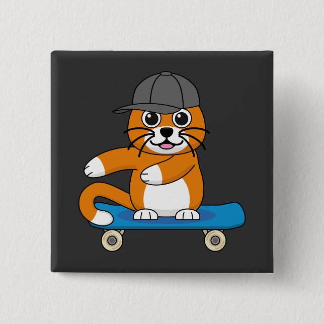 Niedliche orangefarbene Katze auf Skateboard Carto Button (Vorderseite)