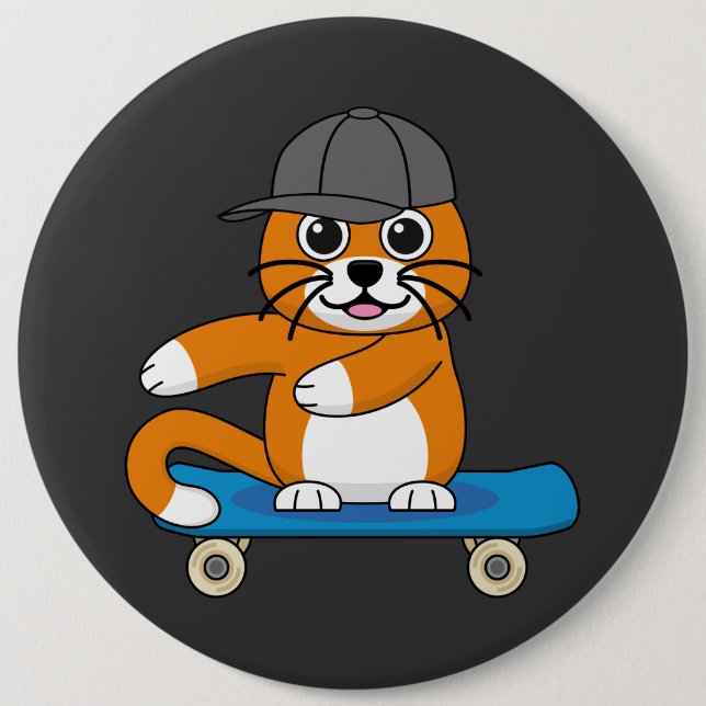 Niedliche orangefarbene Katze auf Skateboard Carto Button (Vorderseite)